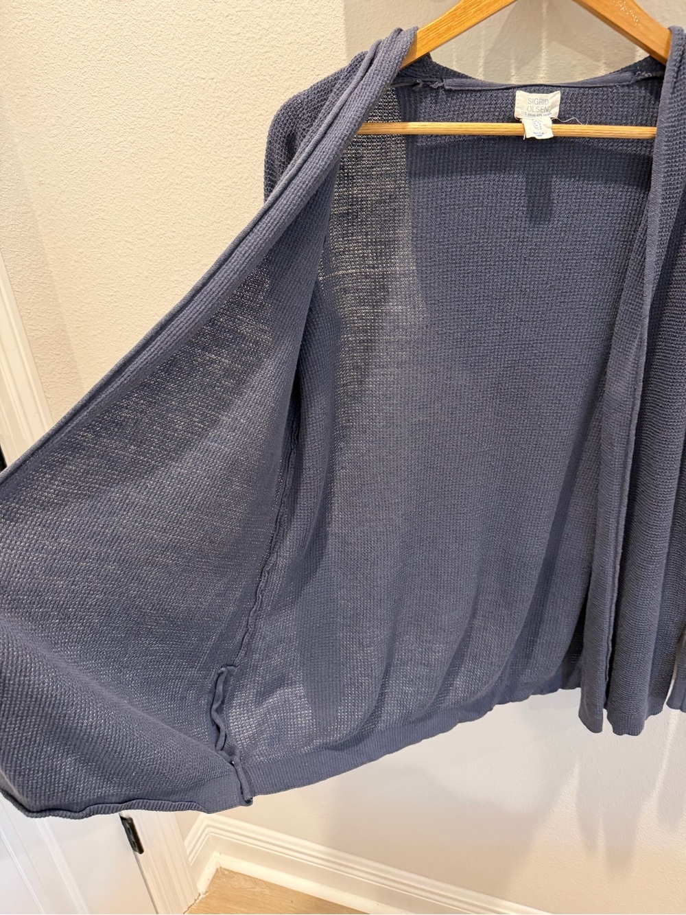 Sigrid Olsen Open-Front Hooded Cardigan in Slate Blue Waffle Texture - Picture 7 of 8